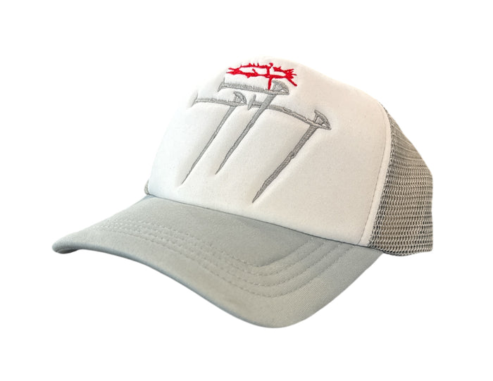 White and grey 7 Minutes 'Crucifix' trucker hat featuring mesh back and adjustable snap closure.