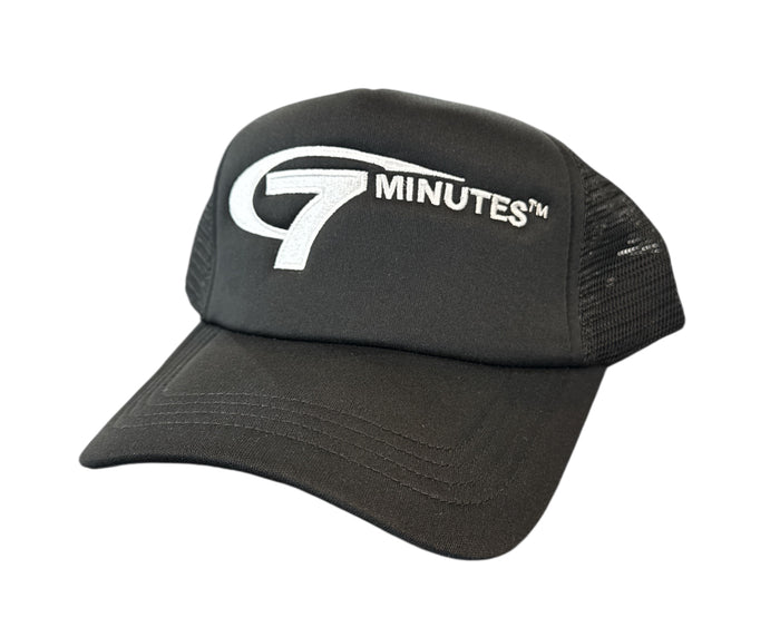 Black 7 Minutes 'LOGO' trucker hat with mesh back and curved brim, stylish casual headwear for everyday wear.