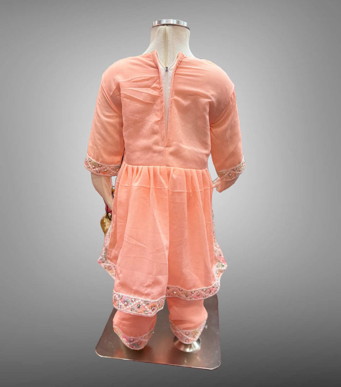 Cotton Embroidered Light Peachy Orange Girl's Salwar Suit