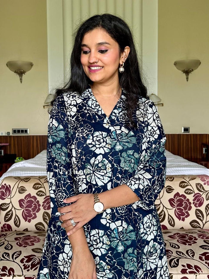 High Low Cotton Coord Set- Dark Blue Florals