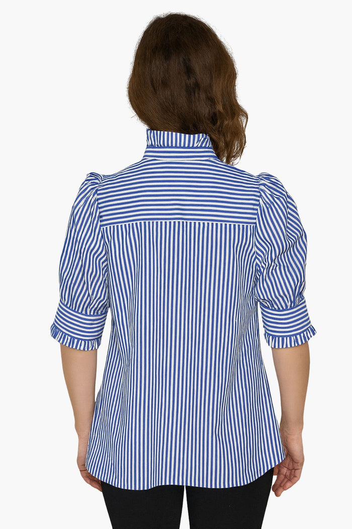 Lior Women's Blue & White Striped Ruffle Collar Blouse