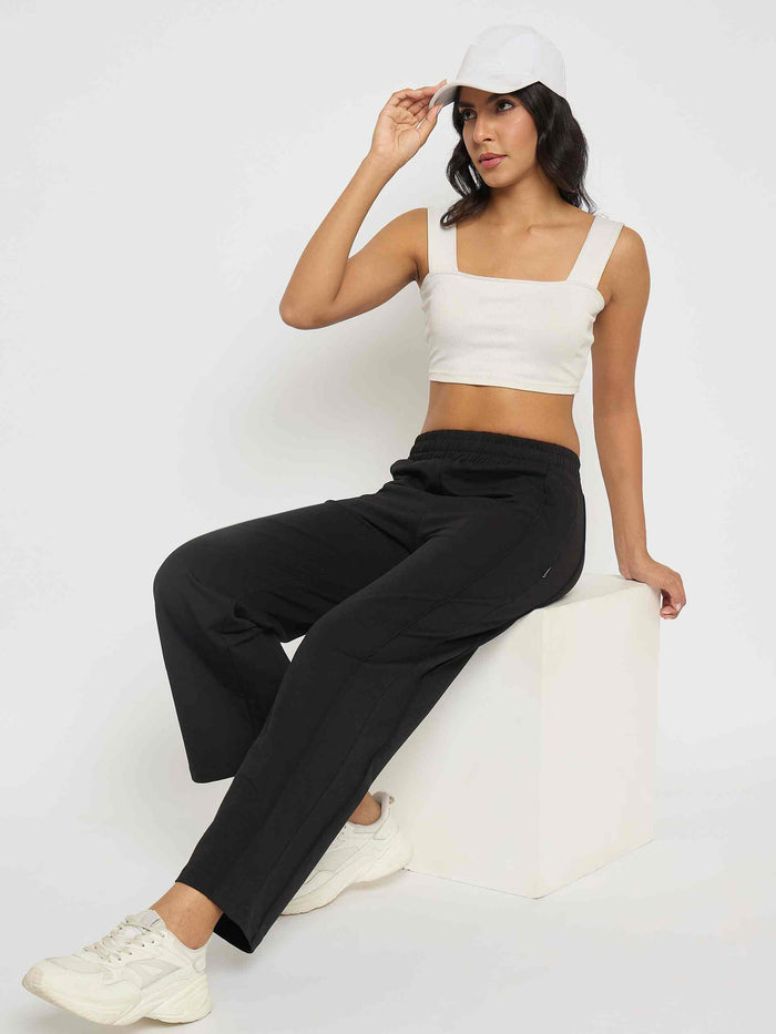 Madame Black Straight FIt Cotton Blend Track Bottoms