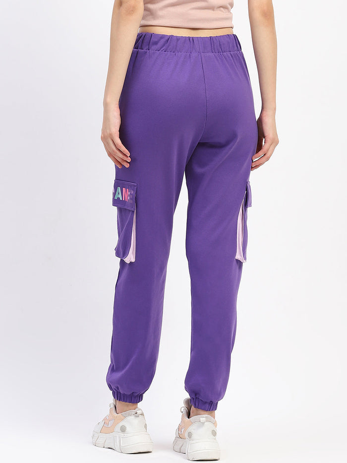 Madame Purple Cotton Joggers with Elastic Waist and Flap Pockets