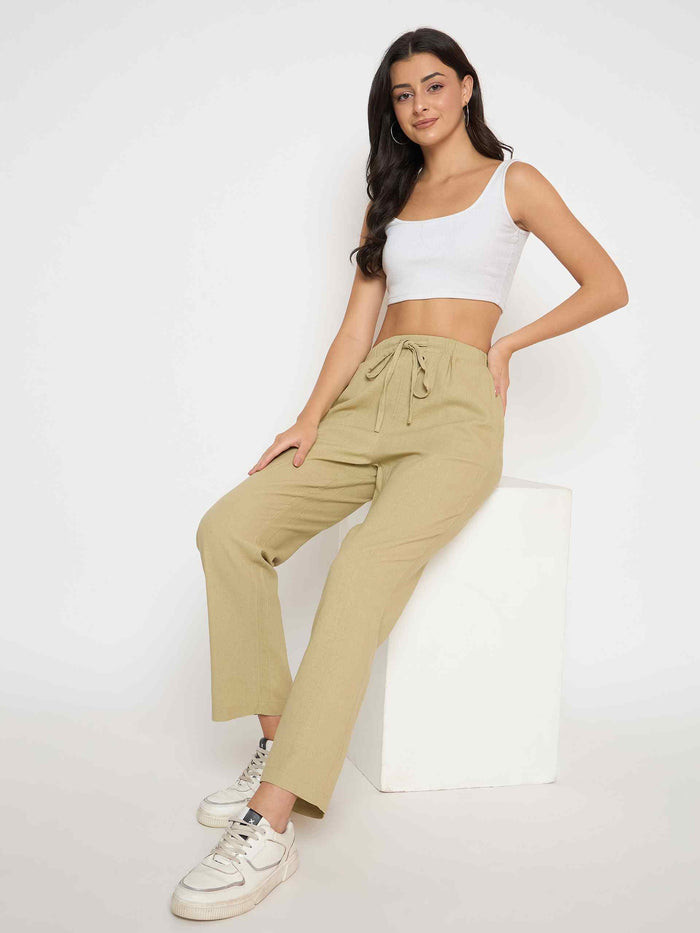 Madame Solid Rayon Blend Green Straight Trousers