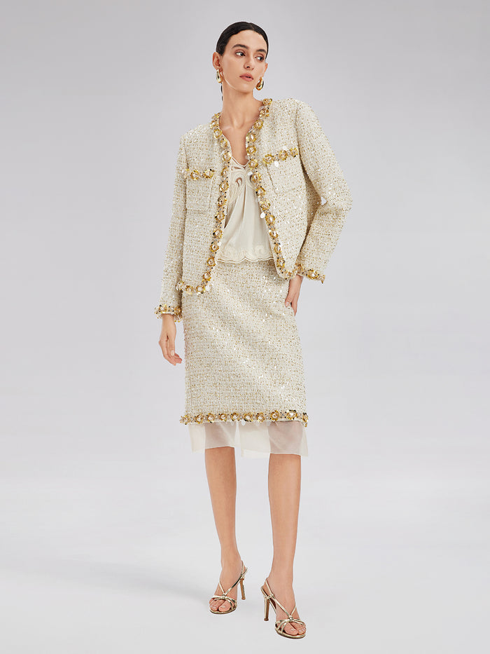 Sequin Trimmed French Mesh-Hem Design Skirt