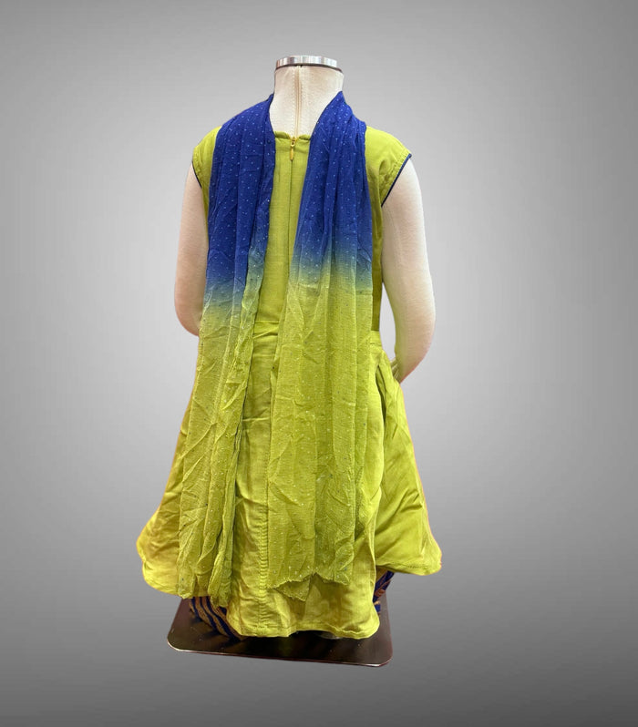 Silk Embroidered Yellowish Green With Contrast Royal Blue Pants Girl's Salwar Suit