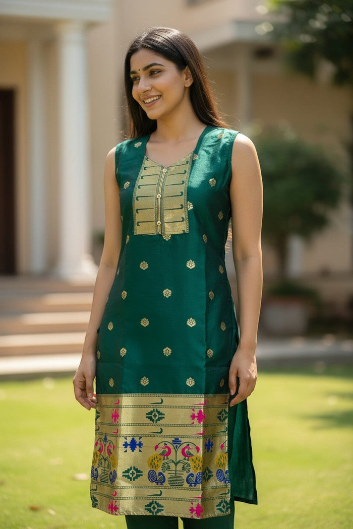 Kurti Connection USA emerald green silk sleeveless kurta with gold zari motifs, embellished neckline, and peacock border. Model wears it for festive occasions.