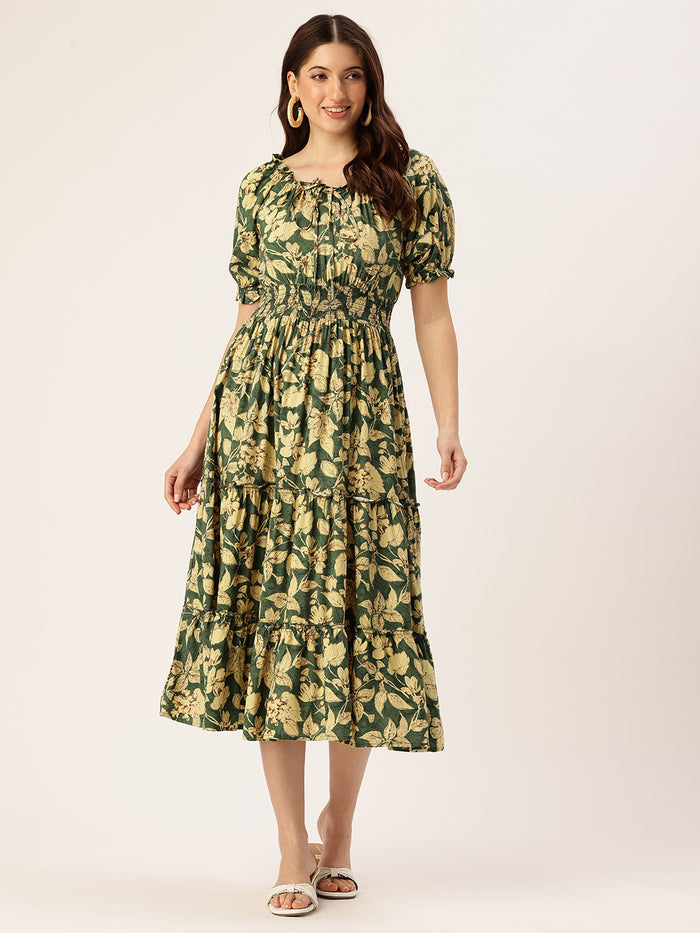 Teal & Beige Floral Printed Puff Sleeves Smocked Detailed Fit & Flare Midi Dress, Dress, Midi dress, printed Dress, Green Dress, Beige Work