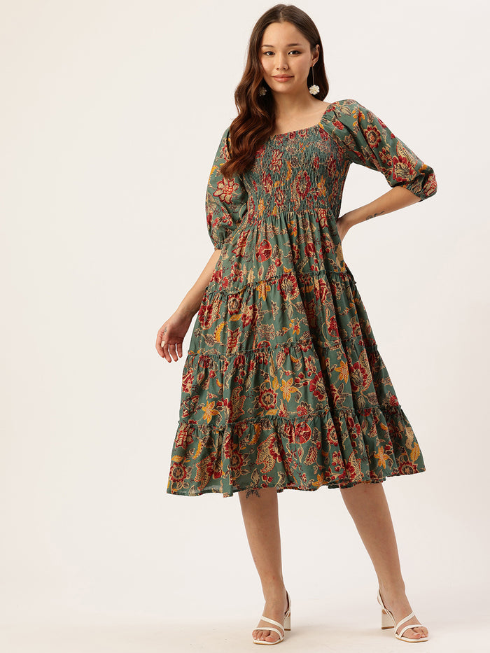 Teal Floral Printed Cuffed Sleeves Dress, dress, printed dress, green dress
