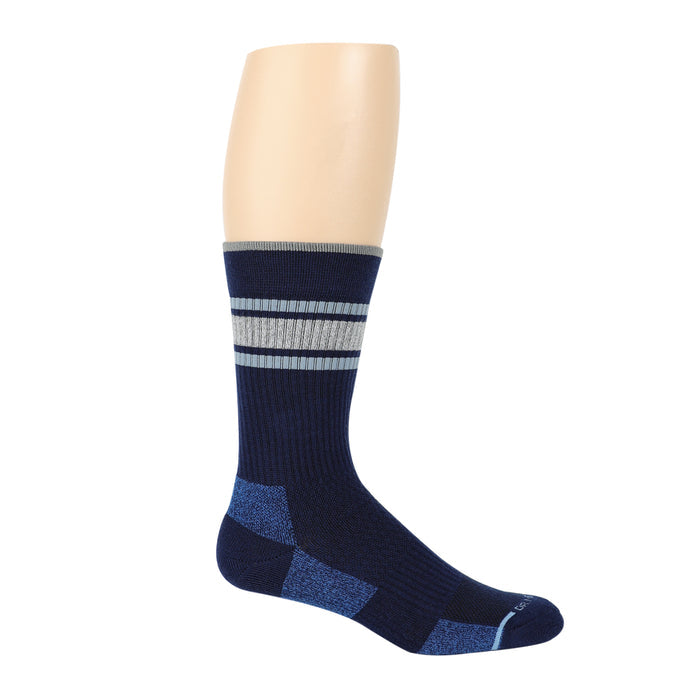 Navy crew socks with gray and light blue stripes, featuring reinforced heel and toe areas.