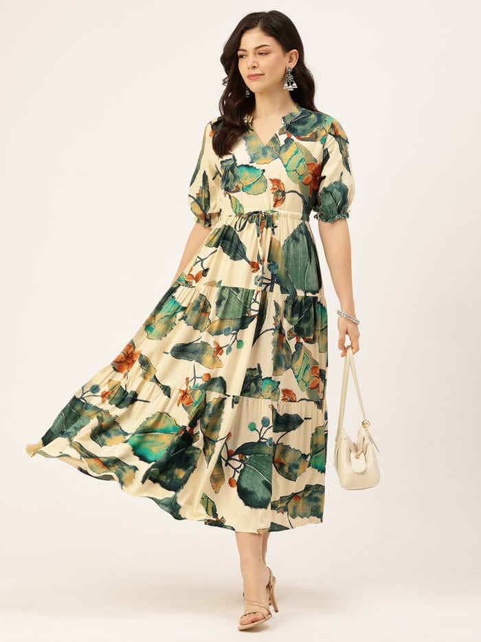 White & Green Floral Printed Fit & Flare Midi Tiered Ethnic Dress