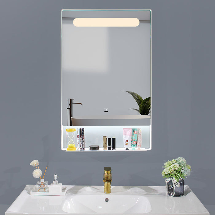 Framed LED bathroom mirror with storage shelf and motion sensor, 22x34