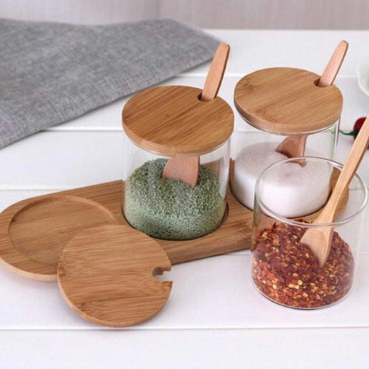 3pcs Seasoning Bamboo Lid Jar Set With Wooden Spoon and Tray - HomeHatchpk