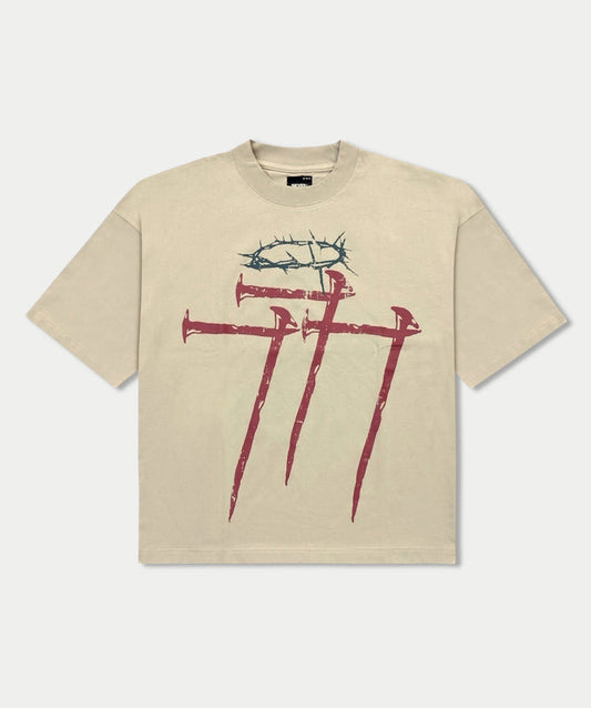 Beige 7 Minutes Crucifix T-Shirt with graphic design, casual short-sleeve tee for men and women, comfortable everyday wear.