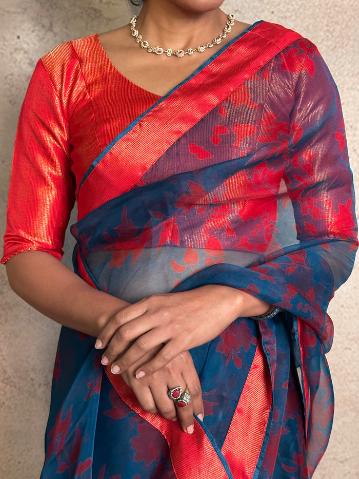 Red Zari Striped Silk Blouse