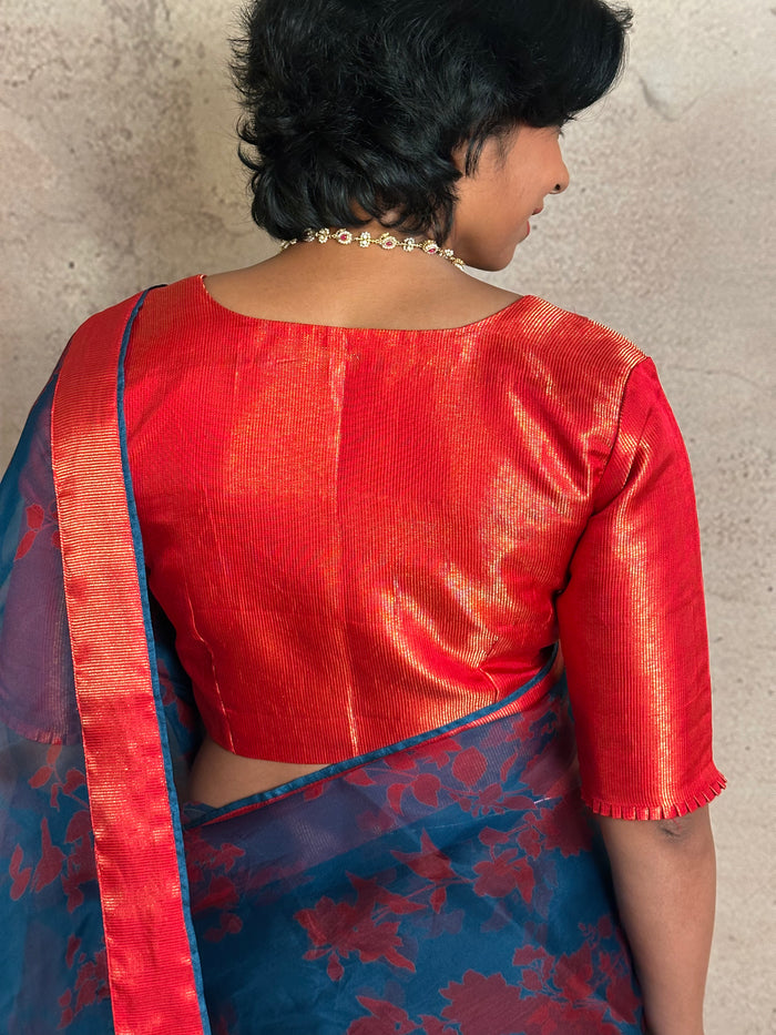 Red Zari Striped Silk Blouse