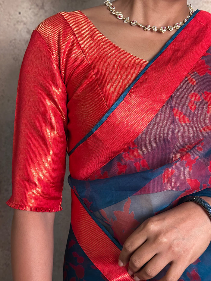 Red Zari Striped Silk Blouse