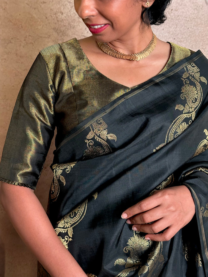 Black Zari Striped Silk Blouse