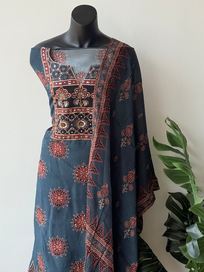 Ajrakh Printed Russian silk suit material