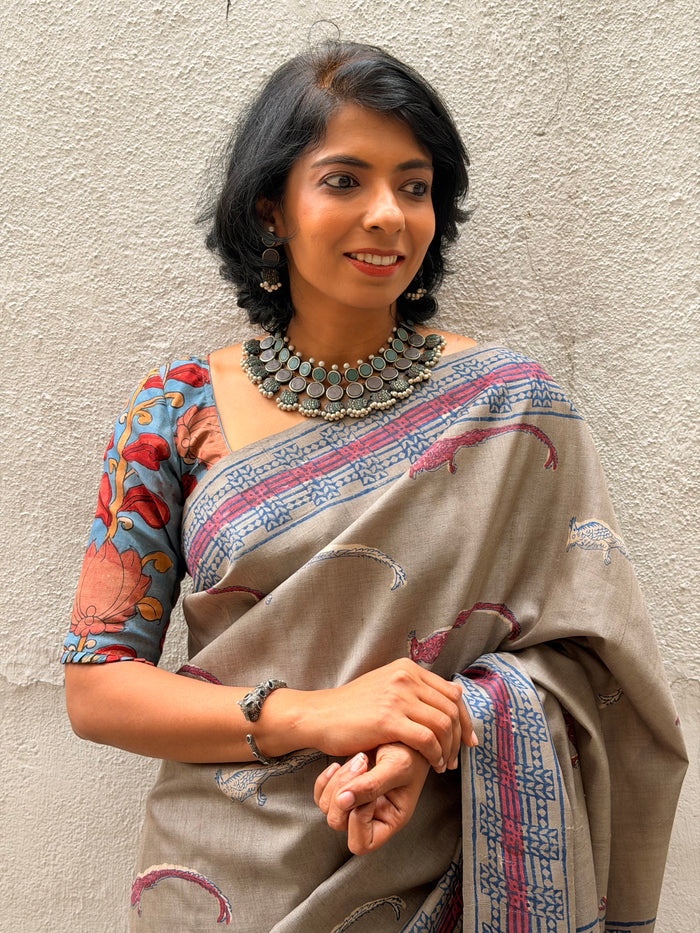 Azure Bloom Kalamkari Silk Blouse