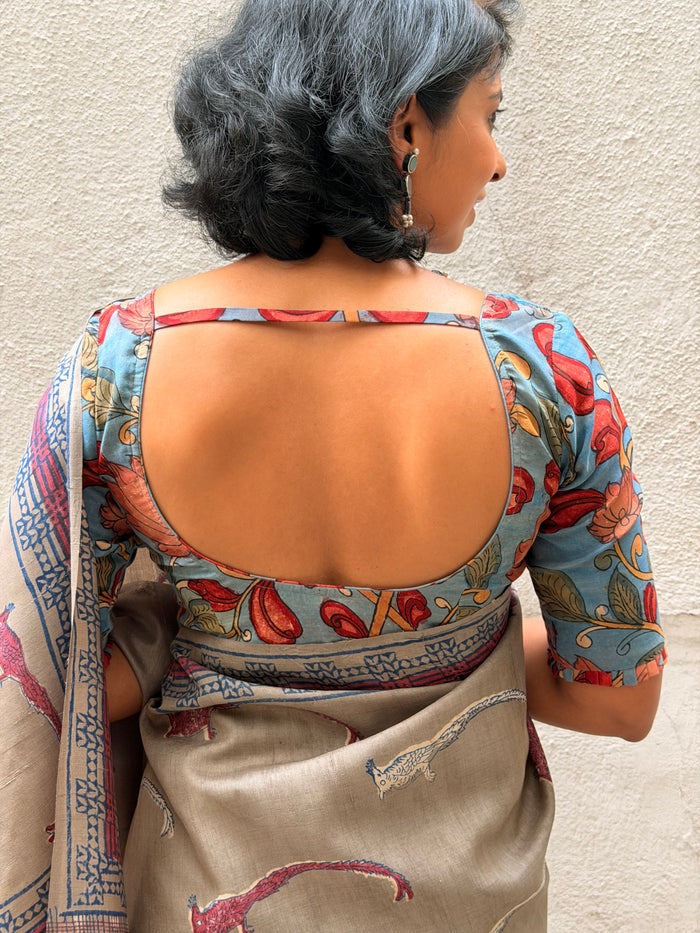 Azure Bloom Kalamkari Silk Blouse