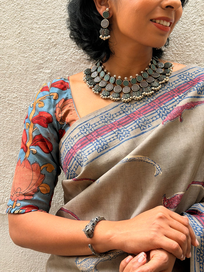 Azure Bloom Kalamkari Silk Blouse