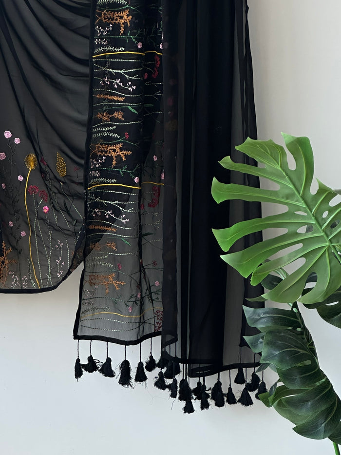 Beautiful black garden emb georgette saree