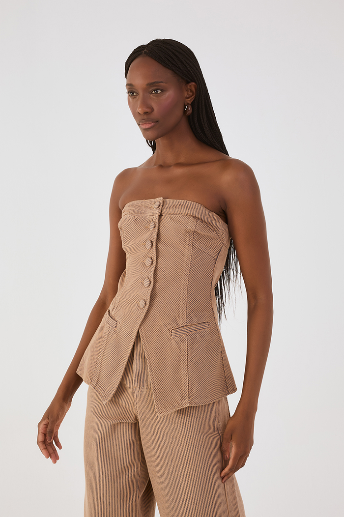 Beige Stripes Strapless Buttoned Asymmetric Blouse_2