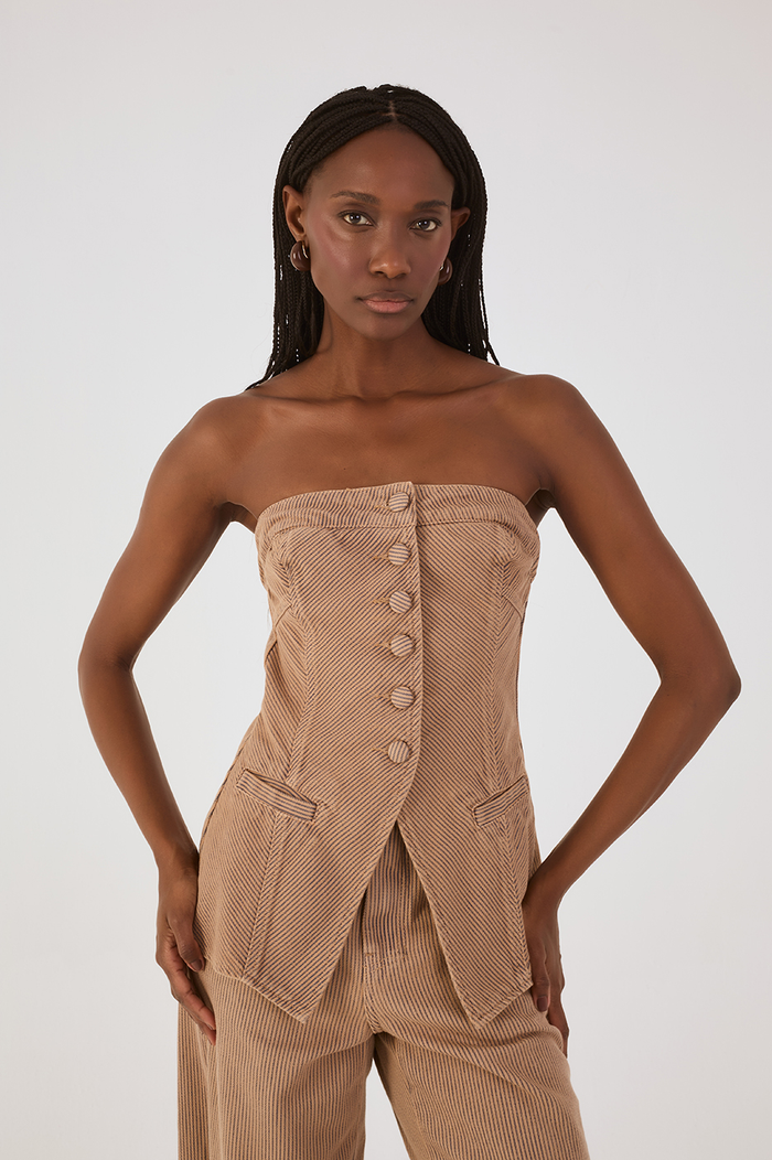 Beige Stripes Strapless Buttoned Asymmetric Blouse_3