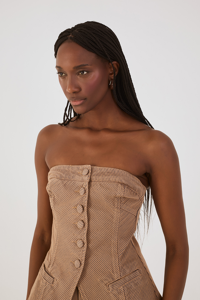 Beige Stripes Strapless Buttoned Asymmetric Blouse