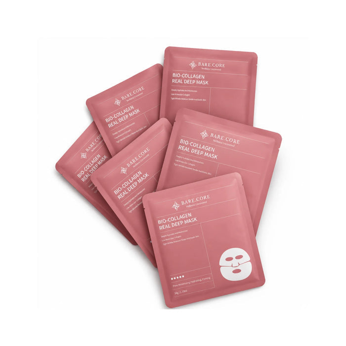 Six pink bio-collagen real deep mask sachets for skincare hydration and firming