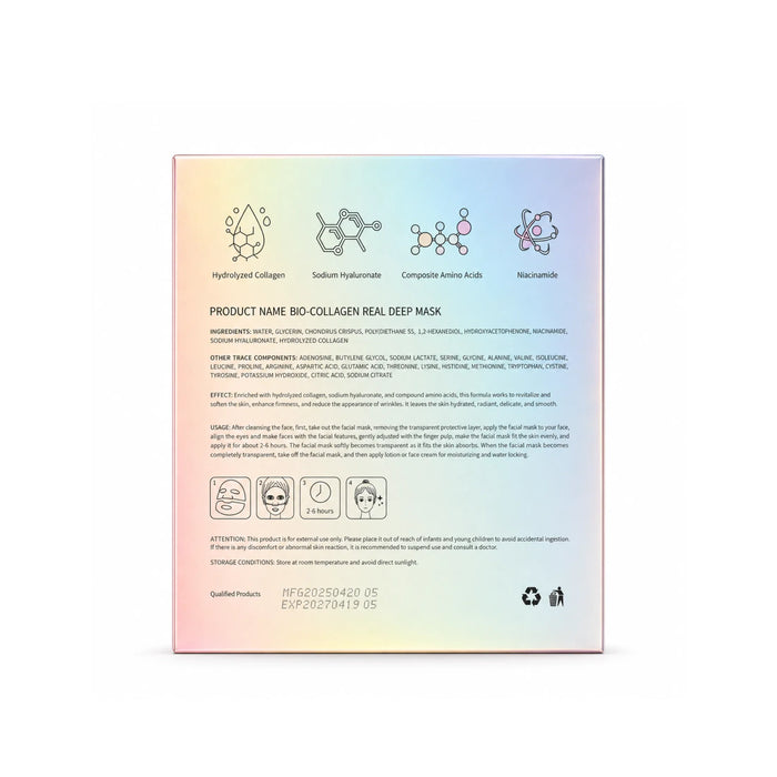 Bio-Collagen Real Deep Mask packaging with ingredients and skincare benefits icons