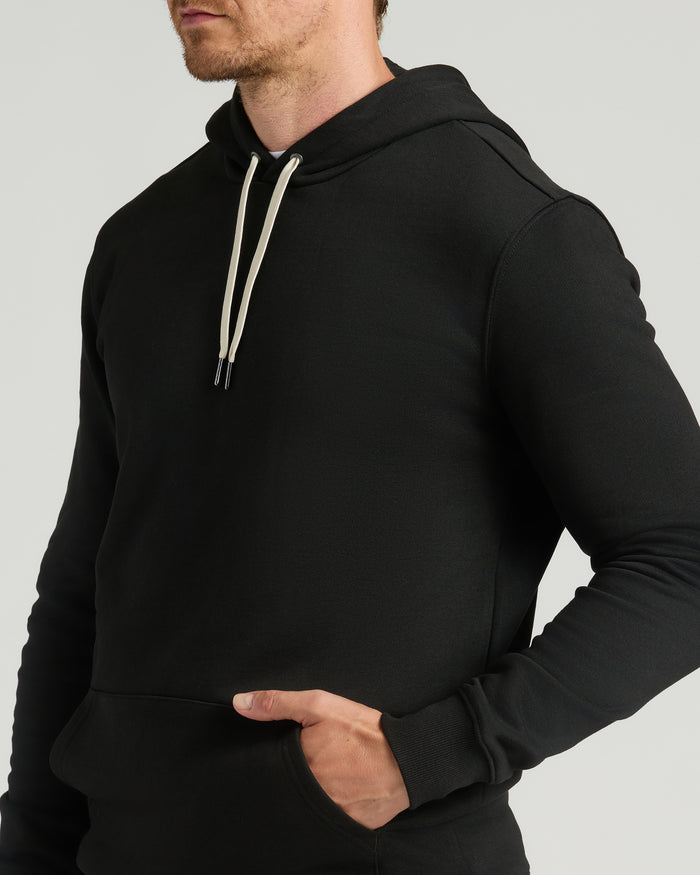 Black Tall Fleece French Terry Pullover Hoodie with off-white drawstrings.