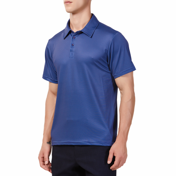 Men's blue mini striped short sleeve polo shirt. Has a 3 button front colosure and pointed blue collar made from knit fabric on a model - quarter view