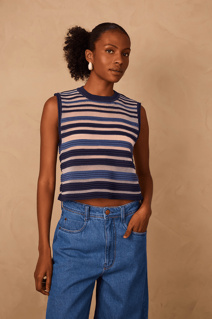 Blue Stripes Joa Ribbing Sleeveless Tricot Blouse_1