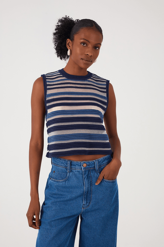 Blue Stripes Joa Ribbing Sleeveless Tricot Blouse_2