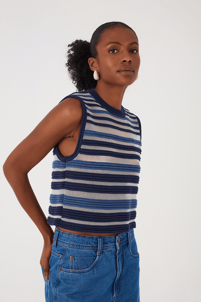 Blue Stripes Joa Ribbing Sleeveless Tricot Blouse_3