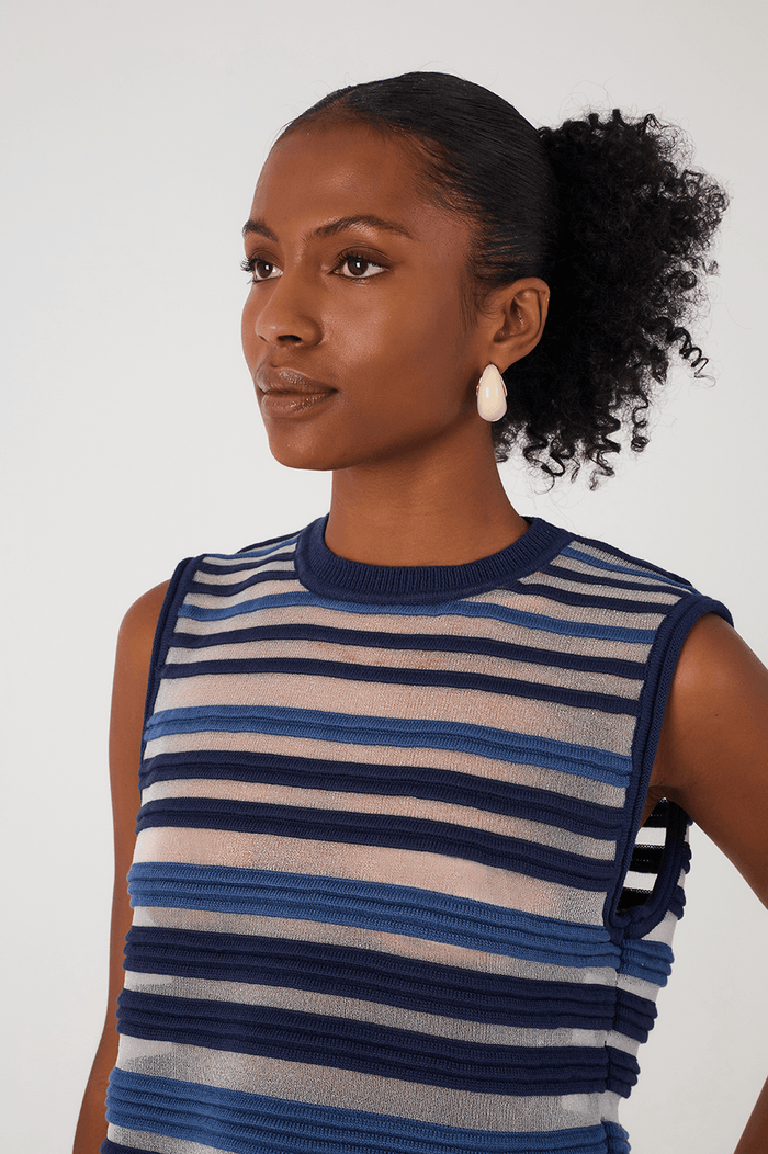 Blue Stripes Joa Ribbing Sleeveless Tricot Blouse_4