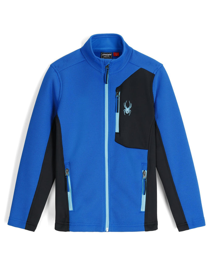 Blue and black jacket with a spider logo on a white background