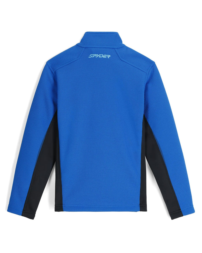 Blue and black jacket with Spyder logo on a white background