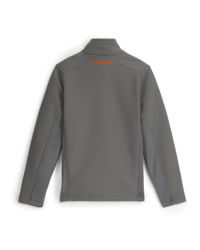 Gray jacket with a brand logo on the back against a white background