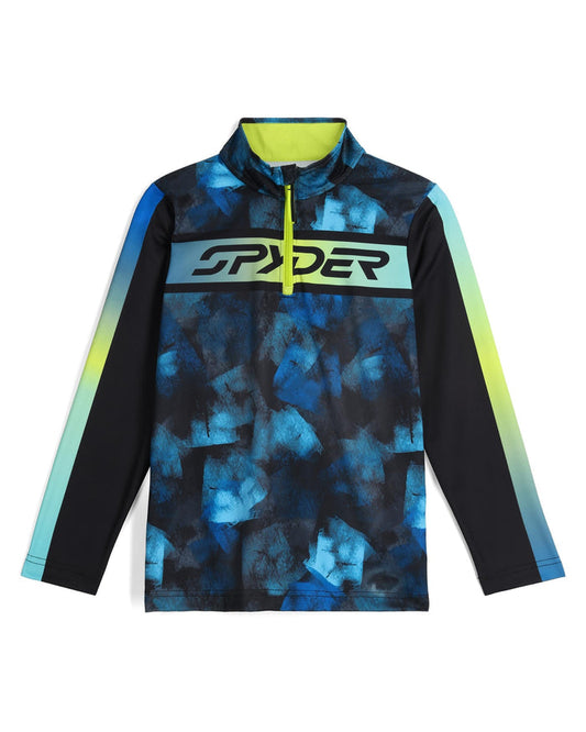 Long-sleeve shirt with blue and black abstract pattern and Spyder logo on a white background