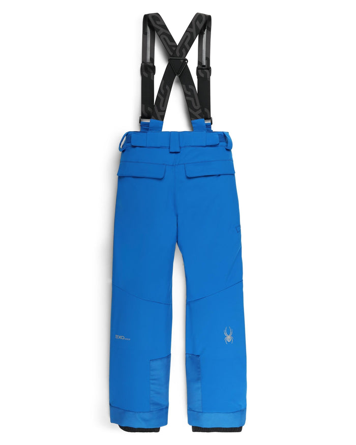 Blue snow pants with black suspenders on a white background