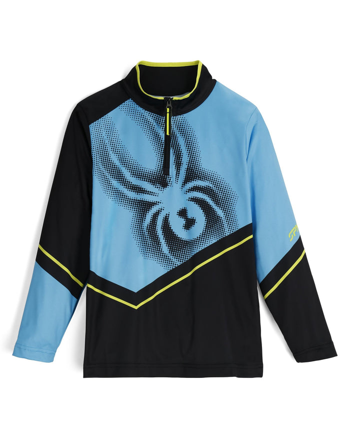 Long-sleeve shirt with black and blue design on a white background
