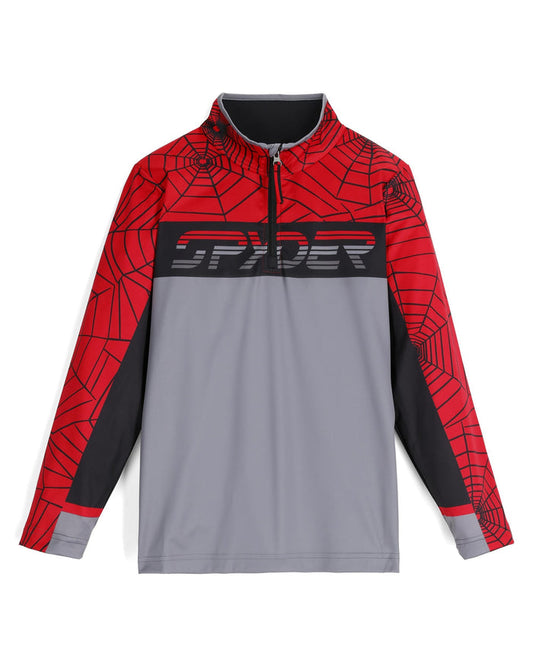 Spider-themed pullover with red, gray, and black design on a white background