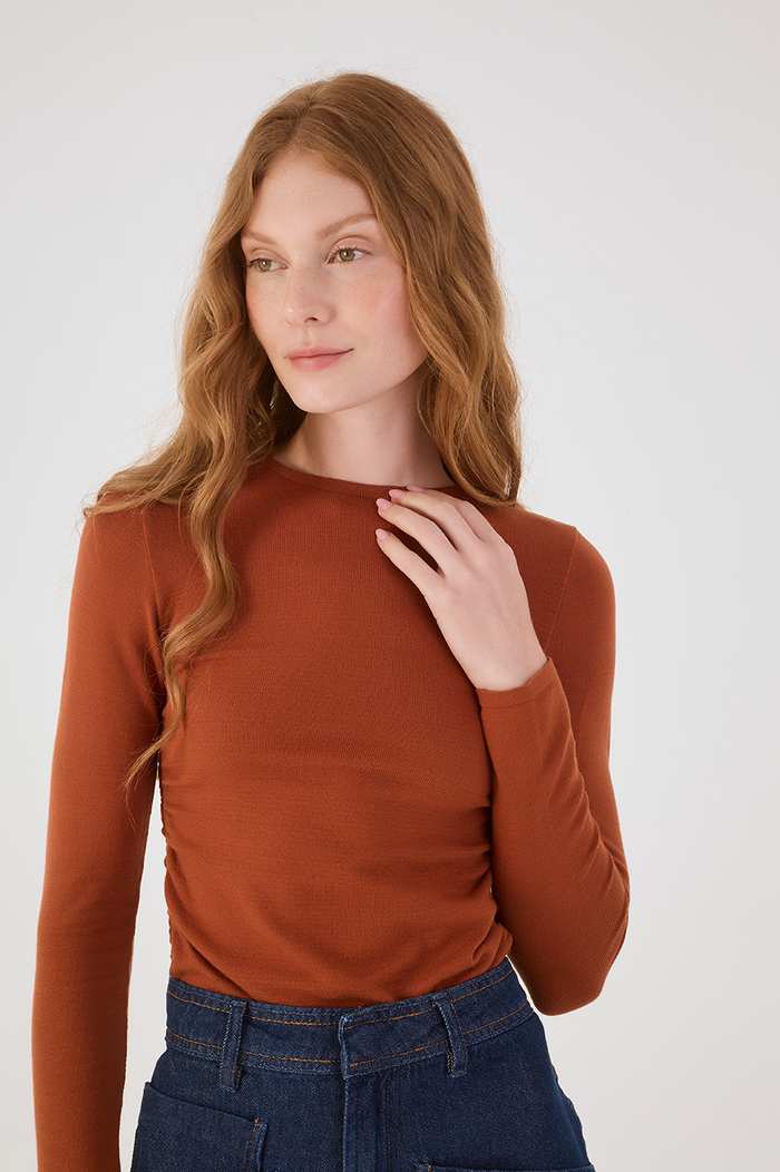 Brown Mate Long Sleeve Ruched Tricot Blouse_5