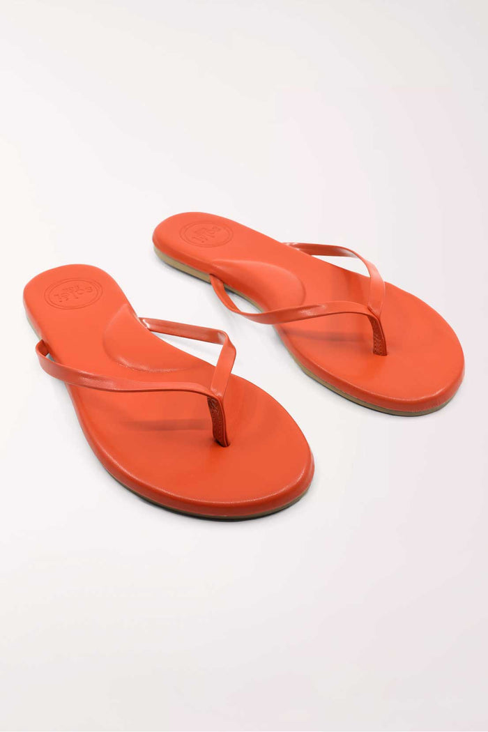 Pair of orange flip-flops on a white background