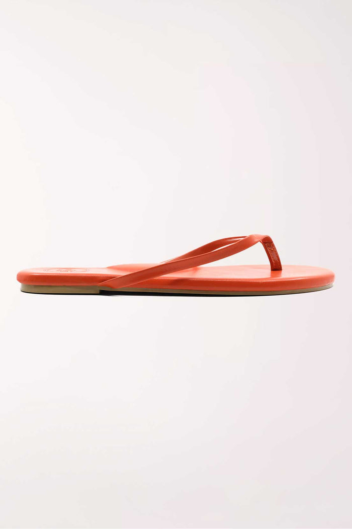 Pair of orange flip-flops on a white background