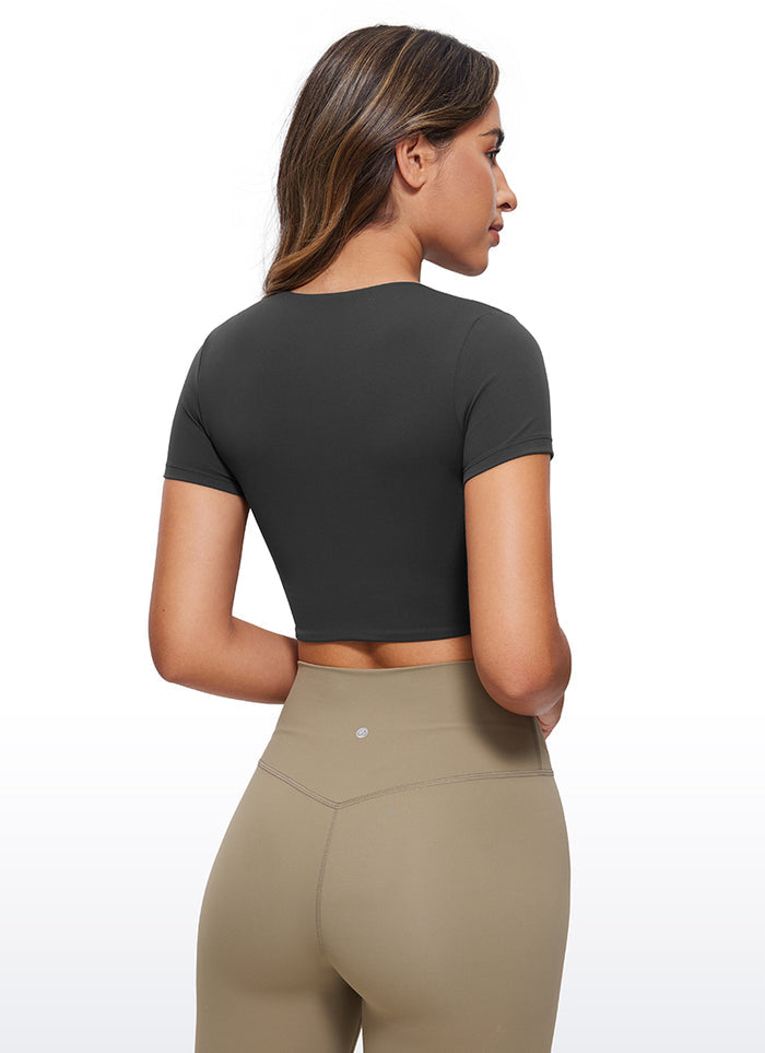 CRZ YOGA Women's Yoga Tight Fit Butterluxe Cropped Short Sleeves Black