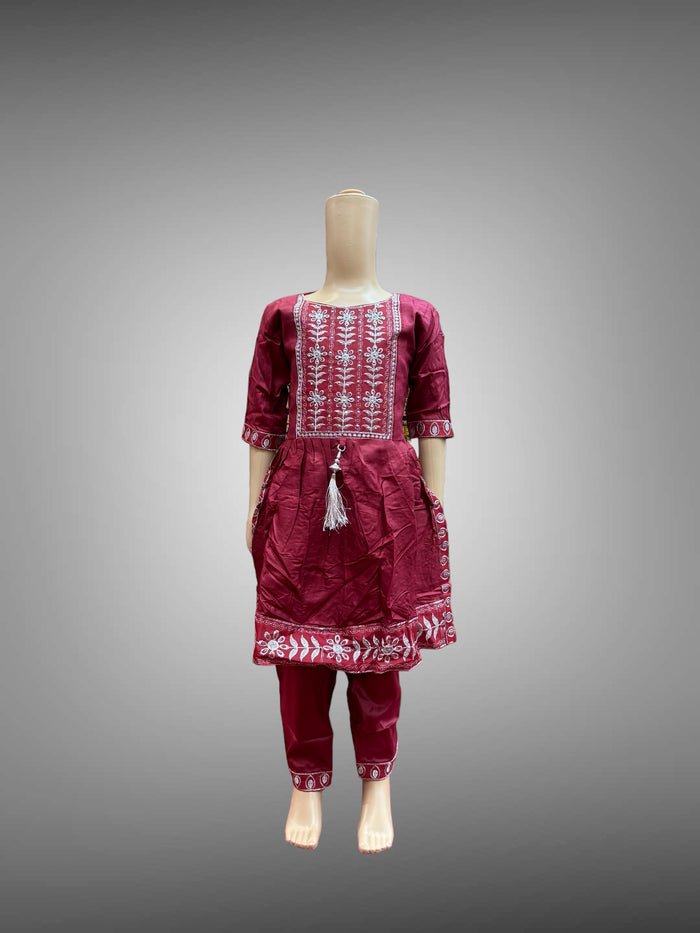 Cotton Embroidered Burgundy Girl's Salwar Suit